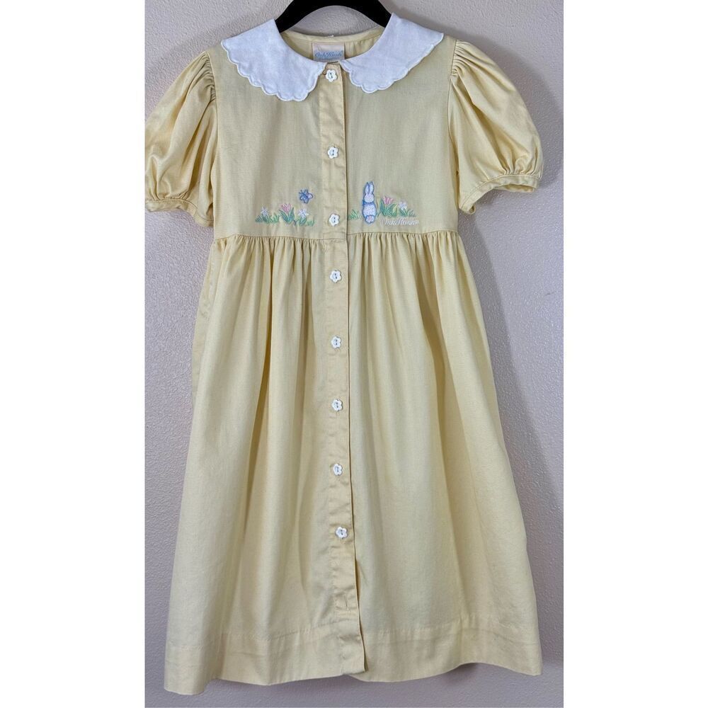 Vintage Oshkosh Collection Girls Pale Yellow Embroidered Flower Button Dress 6